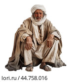 Elderly man in traditional dress seated on ground. Стоковое AI-изображение, AI-художник Иван Рябоконь / Фотобанк Лори