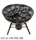 Barbecue grill getting ready with hot burning charcoal briquettes glowing with smoke. Стоковое AI-изображение, AI-художник Иван Рябоконь / Фотобанк Лори