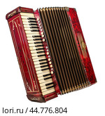 Vintage red piano accordion lying on white background. Стоковое AI-изображение, AI-художник Иван Рябоконь / Фотобанк Лори