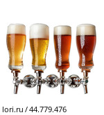 Four beer taps pouring cold beer glasses with condensation on white background. Стоковое AI-изображение, AI-художник Иван Рябоконь / Фотобанк Лори
