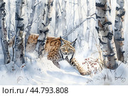 Lynx stalking through a snowy forest with birch trees and snow-covered bushes  ,watercolor illustration , created by ai. Стоковое AI-изображение, AI-художник Виталий Сова / Фотобанк Лори