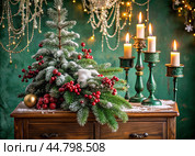 Christmas tree and candles in retro candlesticks on a vintage chest of drawers on a green background. Christmas crystal decorations in the interior. Preparation for the New Year holidays 2025. Стоковое AI-изображение, AI-художник Photojuli / Фотобанк Лори