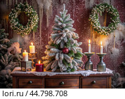 A Christmas tree and candles in retro candlesticks on a vintage chest of drawers on a burgundy background. Christmas decorations made of crystal in the interior. Preparation for the New Year holidays 2025. Стоковое AI-изображение, AI-художник Photojuli / Фотобанк Лори