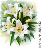 A stunning arrangement of white lilies showcases their intricate petals and distinct orange anthers, complemented by fresh green leaves and unopened buds. Generative AI. Стоковое AI-изображение, AI-художник Юлия Петровская / Фотобанк Лори