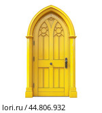 Yellow gothic revival door with stained glass window standing on white background. Стоковое AI-изображение, AI-художник Иван Рябоконь / Фотобанк Лори