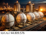 White spherical tanks for storing oil in an outdoor refinery. Tanks for petroleum products are equipment for industrial spherical oil storage. Стоковое AI-изображение, AI-художник Photojuli / Фотобанк Лори