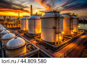 White spherical tanks for storing oil in an outdoor refinery. Tanks for petroleum products are equipment for industrial spherical oil storage. Стоковое AI-изображение, AI-художник Photojuli / Фотобанк Лори