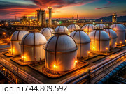 White spherical tanks for storing oil in an outdoor refinery. Tanks for petroleum products are equipment for industrial spherical oil storage. Стоковое AI-изображение, AI-художник Photojuli / Фотобанк Лори