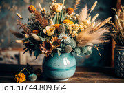A beautiful bouquet of dried flowers in a ceramic vase on an antique wooden chest of drawers. A bouquet of flowers in a vase in a home interior. Light, beige, blue floral background. Стоковое AI-изображение, AI-художник Photojuli / Фотобанк Лори