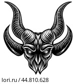 A black and white drawing of a demon head with horns. Стоковое AI-изображение, AI-художник KATERINA AI / Фотобанк Лори