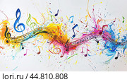 A set of clipart musical notes dancing across a staff, representing a lively melody. Стоковое AI-изображение, AI-художник Ярославский Максим / Фотобанк Лори