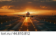 A large airliner plane takes off on the runway against the background of sunset. Стоковое AI-изображение, AI-художник Ярославский Максим / Фотобанк Лори