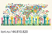 Silhouettes of colorful children's hands raised up against the background of the world map. The concept of unity of children from all over the world and return to school. Стоковое фото, фотограф Ярославский Максим / Фотобанк Лори
