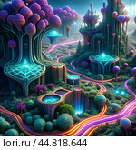 Futuristic neon city with glowing geometric shapes at night. Стоковое AI-изображение, AI-художник Алексей Сабадырь / Фотобанк Лори