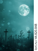 Graveyard cross under full moon with spider web and bokeh effect, background. Стоковое AI-изображение, AI-художник Анастасия Золотницкая / Фотобанк Лори