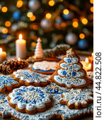 Colorful Christmas gingerbread cookies. Close-up, blurred background with twinkling lights. Стоковое AI-изображение, AI-художник Сергей Елизарьев / Фотобанк Лори