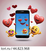 Телефон, и вокруг него летают эмоции. The phone, and emotions flying around it. Стоковое AI-изображение, AI-художник Владислав Матвейчук / Фотобанк Лори