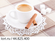 Кофейный натюрморт: белая чашка с кофе, палочки корицы, кусочки сахара, мельхиоровая ложка на клетчатой скатерти. Стоковое фото, фотограф Александр Рыбалка / Фотобанк Лори