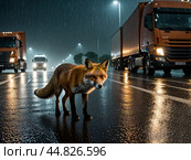 Fox stand still in middle of busy road, risking being hit by car. Стоковое AI-изображение, AI-художник Владимир Григорьев / Фотобанк Лори