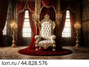 Old white and gold Royal chair with red curtains and candelabra in medieval vintage room. Throne for king in castle. Background in architecture or retro interior design. Copy space, text place. Стоковое AI-изображение, AI-художник Aleksandr Golubev / Фотобанк Лори