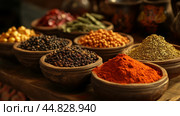 Colorful display of traditional spices in clay bowls at a market, showcasing regional culinary diversity and vibrant hues. Стоковое AI-изображение, AI-художник Сергей Толмачёв / Фотобанк Лори