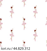 Ballerina watercolor pattern. Hand drawn seamless incredible girl dancer in pink tutu skirt. Clip art on isolated white background of cute ballet beauty. Ideal for baby textiles. Стоковая иллюстрация, иллюстратор Татьяна Трущелева / Фотобанк Лори