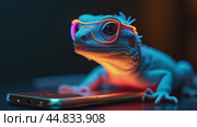 Portrait of an iguana in glasses sitting on a smartphone. Стоковое AI-видео, аниматор Виктория Кольцова / Фотобанк Лори