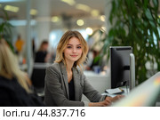 Красивая девушка работает в офисе за компьютером. Стоковое AI-изображение, AI-художник Щеголева Ольга / Фотобанк Лори