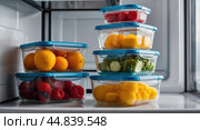 Various colorful fruits and vegetables stored in transparent containers inside a well-organized refrigerator. Стоковое AI-изображение, AI-художник Tatiana Syrtseva / Фотобанк Лори