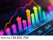 Colorful financial graph with upward trends showcasing growth and analytics in a digital workspace at night. Стоковое AI-изображение, AI-художник Сергей Толмачёв / Фотобанк Лори