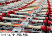 Moscow, Russia, June 2020: Lots of shopping carts with locks and coin collectors. Редакционное фото, фотограф Юлия Ильина / Фотобанк Лори