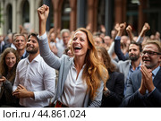 Overjoyed young and adult employees from different walks of life rejoice at the achievements of their company. Стоковое AI-изображение, AI-художник Ярославский Максим / Фотобанк Лори