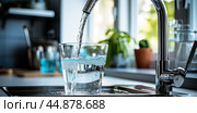 Crystal clear osmosis water poured into a glass in a modern kitchen. Стоковое AI-изображение, AI-художник Ярославский Максим / Фотобанк Лори