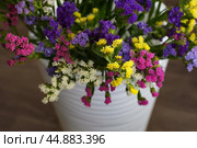 Bouquet of multicolored flowers in a vase (Limonium sinuatum, Statice sinuata) on a green background. Стоковое фото, фотограф Ирина Вершинская / Фотобанк Лори