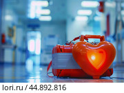 Automated external defibrillator aed device saving lives in hospital corridor. Стоковое AI-изображение, AI-художник Иван Рябоконь / Фотобанк Лори