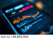 Charting stock market trends on a smartphone with vibrant data visuals at night. Стоковое AI-изображение, AI-художник Сергей Толмачёв / Фотобанк Лори