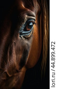 Closeup horse eye, portrait of animal on dark background. Ai generated. Стоковое AI-изображение, AI-художник Ксения Лаптева / Фотобанк Лори