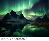 Nothern lights over the sea snowy mountains. Winter landscape. New Year concept. Стоковое AI-изображение, AI-художник Ксения Лаптева / Фотобанк Лори