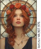 Redheaded woman portrait in stained glass backdrop art nouveau inspiration. Стоковое AI-изображение, AI-художник Ксения Лаптева / Фотобанк Лори