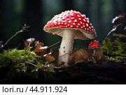 Mushroom Amanita closeup. Стоковое AI-изображение, AI-художник Veniamin Kraskov / Фотобанк Лори