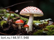 Mushroom Amanita closeup. Стоковое AI-изображение, AI-художник Veniamin Kraskov / Фотобанк Лори