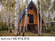 A-shaped frame house in Scandinavian style. The landscape. Quiet rest. The concept of glamping and chalet rentals. A wooden house with a veranda in nature around an autumn birch forest. Стоковое фото, фотограф Photojuli / Фотобанк Лори