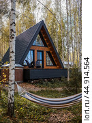 A-shaped Scandinavian style frame house and hammock. The landscape. Quiet rest. The concept of glamping and chalet rentals. A wooden house with a veranda in an autumn birch forest. Стоковое фото, фотограф Photojuli / Фотобанк Лори