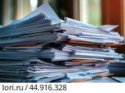 Stack of paperwork representing administrative burden increasing exponentially. Стоковое AI-изображение, AI-художник Иван Рябоконь / Фотобанк Лори