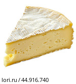 Creamy wedge of brie cheese with a white mold rind. Стоковое AI-изображение, AI-художник Иван Рябоконь / Фотобанк Лори