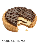 Delicious chocolate tartlet with a slice being removed. Стоковое AI-изображение, AI-художник Иван Рябоконь / Фотобанк Лори