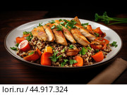 Buckwheat with chicken breast, baked with vegetables. Rich source of protein, fiber and vitamins to keep you energized and fit during your workouts. Стоковое AI-изображение, AI-художник Veniamin Kraskov / Фотобанк Лори