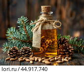 Cedar oil is used as a food product, in cosmetics and dietary supplements. Стоковое AI-изображение, AI-художник Сергей Елизарьев / Фотобанк Лори