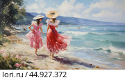 Elegant women stroll along a tropical beach in summer. Стоковое AI-изображение, AI-художник Ксения Лаптева / Фотобанк Лори