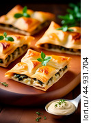 Turkish burek flatbread with mushrooms and cheese, garnished with herbs. Стоковое AI-изображение, AI-художник Алла Чесноковва / Фотобанк Лори